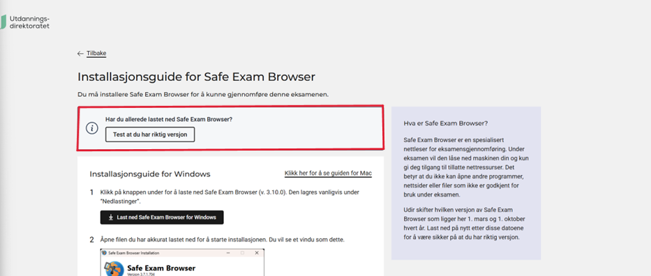 Grafisk fremstilling av hvor du kan teste om du har riktig versjon av sikker nettleser - Klikk for stort bilde